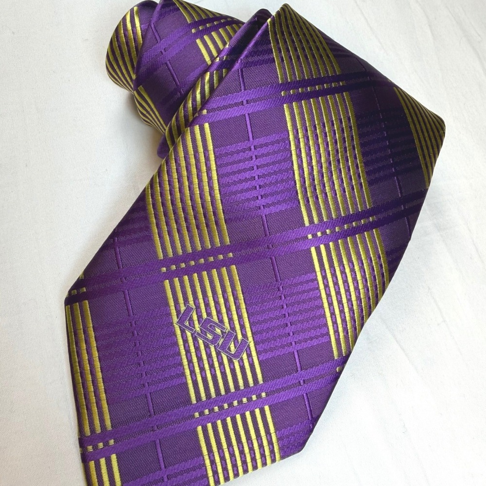 Eagles Wings LSU Necktie Mens‎ Purple Gold Stripe Plaid Logo NCAA Gameday